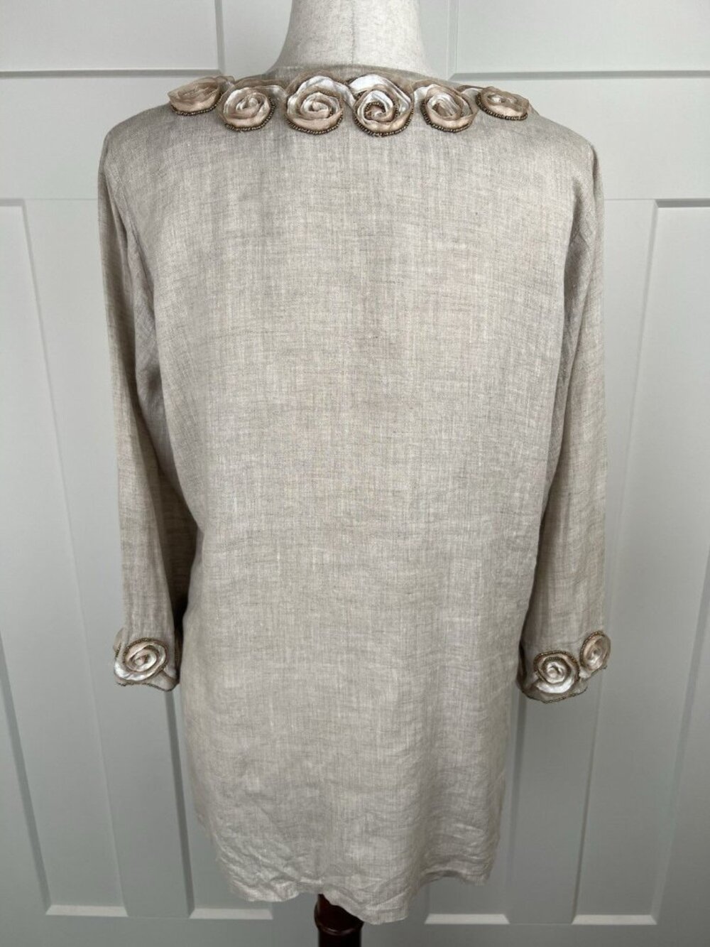 Key Lime & Pink Linen Tunic M Embellished Rosette Beaded Boho Top 3/4 Sleeve - Picture 5 of 11
